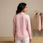 Woman wearing a classic soft pink button down formal shirt (3)
