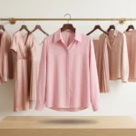 Woman wearing a classic soft pink button down formal shirt (5)