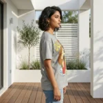 Woman wearing a grey oversized graphic print t shirt (1)