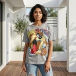 Woman wearing a grey oversized graphic print t shirt (2)