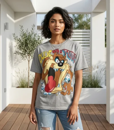 Woman wearing a grey oversized graphic print t shirt (2)