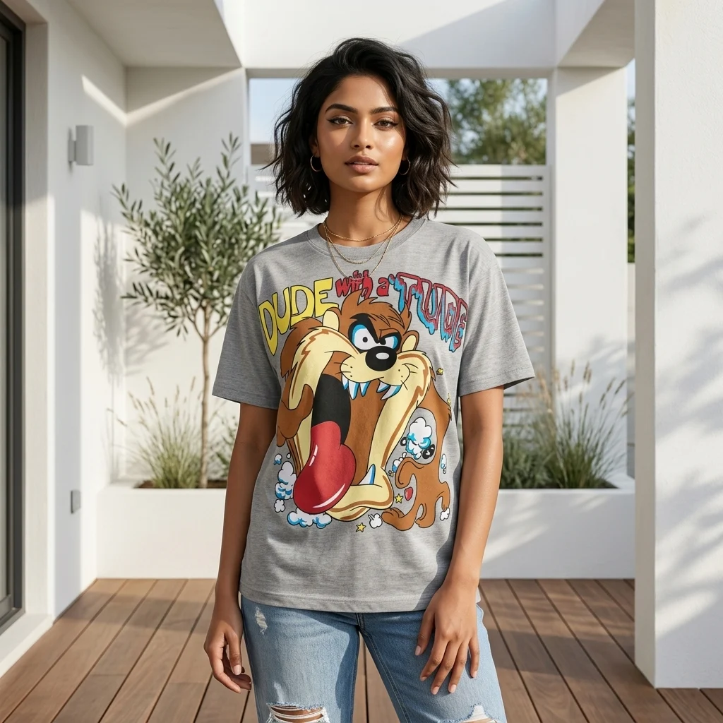 Woman wearing a grey oversized graphic print t shirt (2) Woman wearing a grey oversized graphic print t shirt (2)