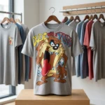 Woman wearing a grey oversized graphic print t shirt (3)