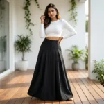 Woman wearing a high waisted solid black pleated maxi skirt (2)