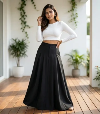 Woman wearing a high waisted solid black pleated maxi skirt (2)