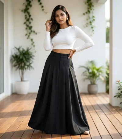 Woman wearing a high waisted solid black pleated maxi skirt (2)
