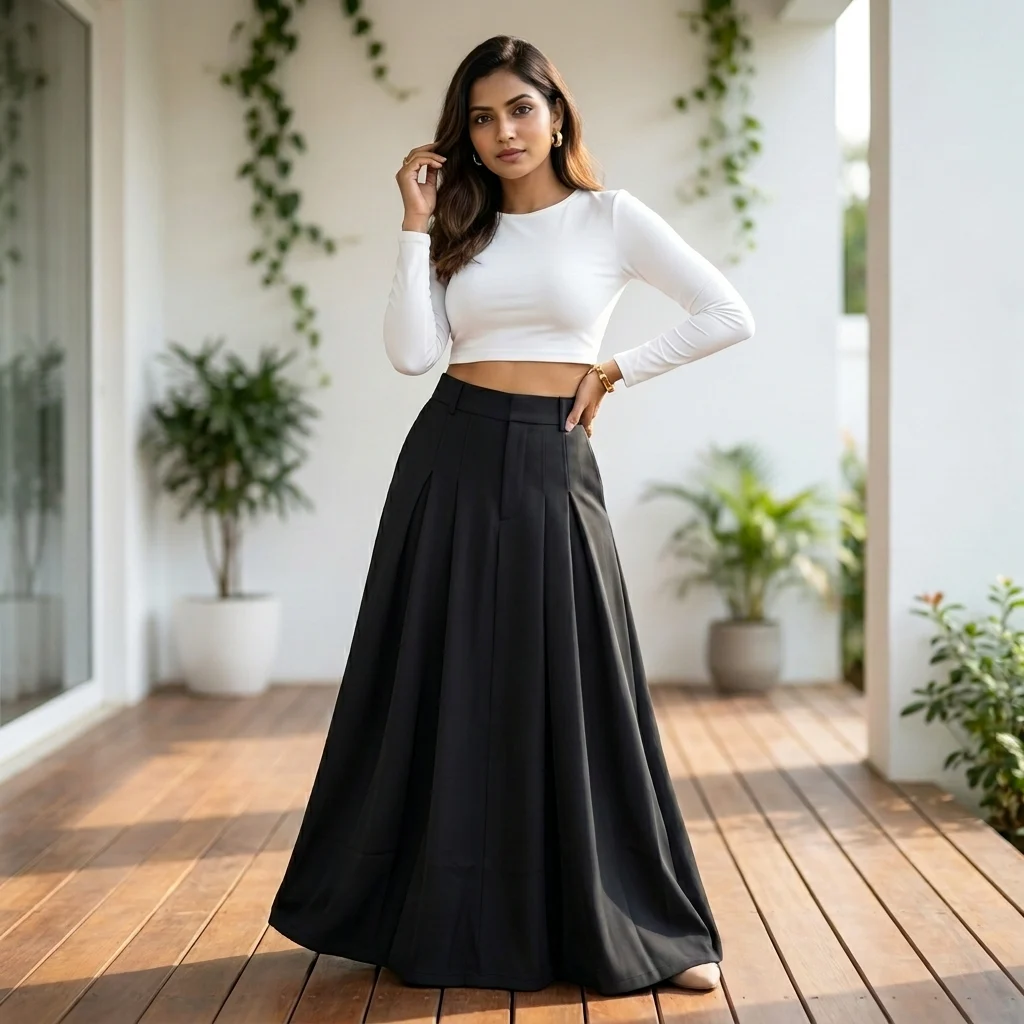 Woman wearing a high waisted solid black pleated maxi skirt (2) Woman wearing a high waisted solid black pleated maxi skirt (2)