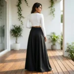 Woman wearing a high waisted solid black pleated maxi skirt (3)