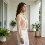 Woman wearing a peach tie neck blouse with pearl detail (1)