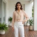Woman wearing a peach tie neck blouse with pearl detail (2)