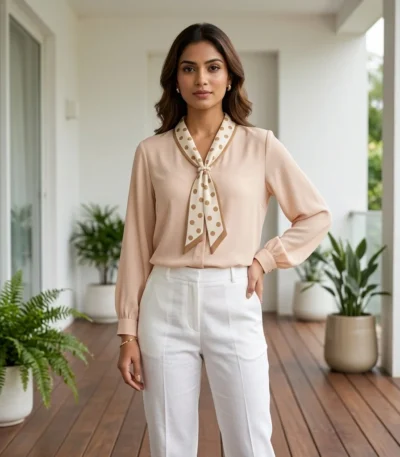 Woman wearing a peach tie neck blouse with pearl detail (2)