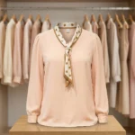 Woman wearing a peach tie neck blouse with pearl detail (5)