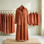 Woman wearing a rust matching co ord set with slip dress and overshirt (2)