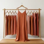 Woman wearing a rust matching co ord set with slip dress and overshirt (3)