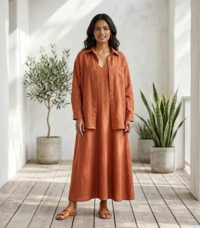 Woman wearing a rust matching co ord set with slip dress and overshirt (4)