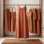 Woman wearing a rust matching co ord set with slip dress and overshirt (7)