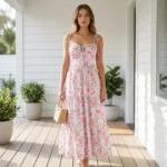 Woman wearing a white midi dress with pink rose print, tie straps, and smocked back (1)