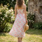 Woman wearing a white midi dress with pink rose print, tie straps, and smocked back (2)