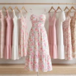 Woman wearing a white midi dress with pink rose print, tie straps, and smocked back (3)