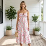 Woman wearing a white midi dress with pink rose print, tie straps, and smocked back (4)