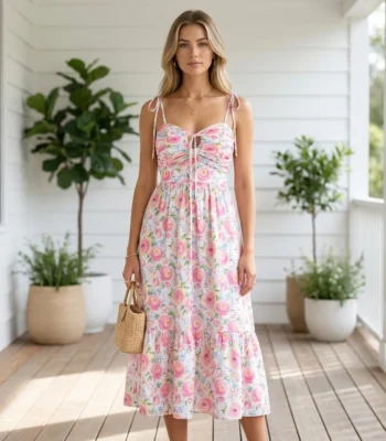Woman wearing a white midi dress with pink rose print, tie straps, and smocked back (4)