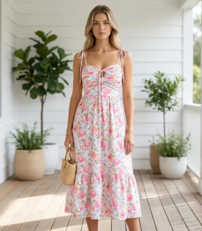 Woman wearing a white midi dress with pink rose print, tie straps, and smocked back (4)