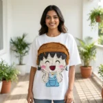 Woman wearing a white oversized t shirt with a cartoon patchwork design (4)
