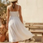 Woman wearing a white sleeveless tiered maxi dress with sweetheart neckline and twist front detail (2)