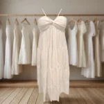 Woman wearing a white sleeveless tiered maxi dress with sweetheart neckline and twist front detail (3)