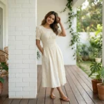 Woman wearing an off white smocked midi dress with pockets (2)