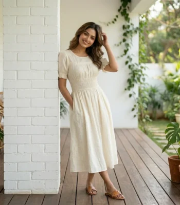 Woman wearing an off white smocked midi dress with pockets (2)