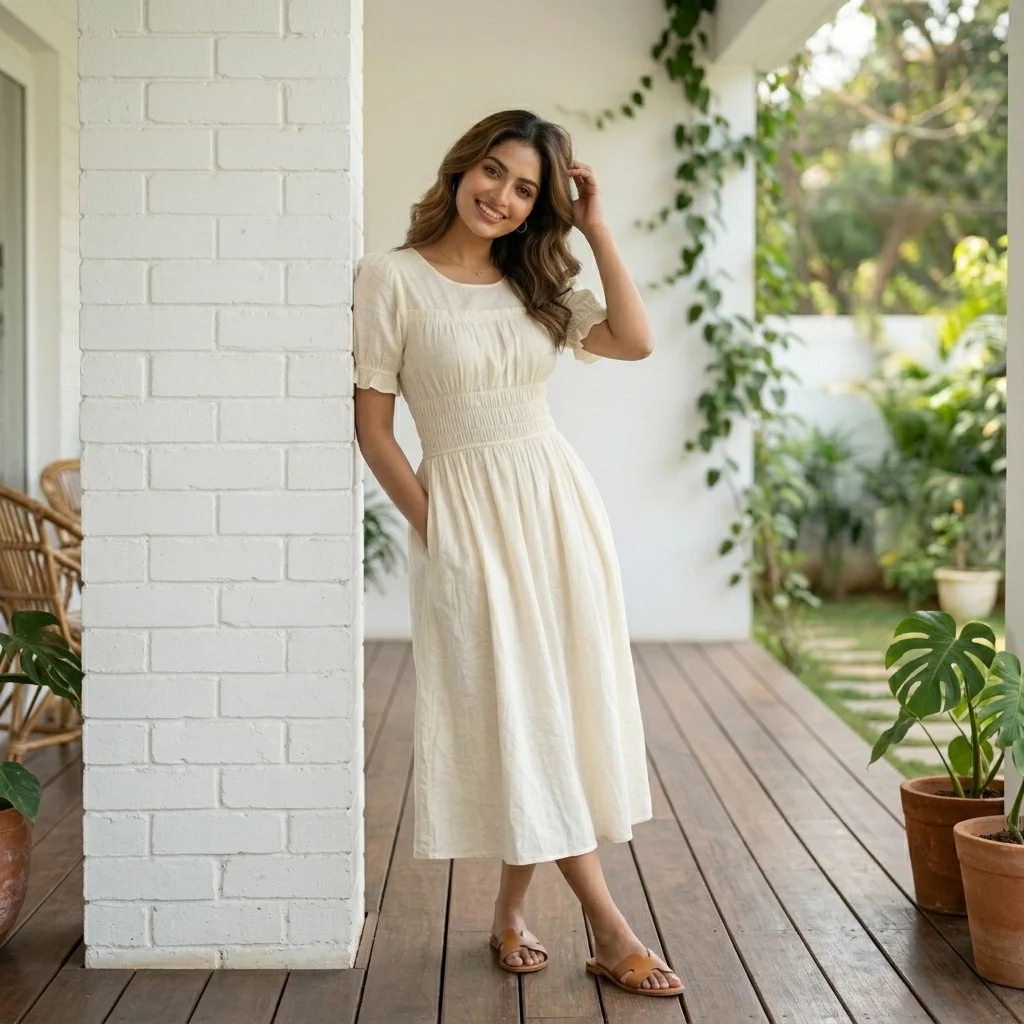 Woman wearing an off white smocked midi dress with pockets (2) Woman wearing an off white smocked midi dress with pockets (2)