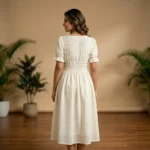 Woman wearing an off white smocked midi dress with pockets (3)