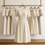 Woman wearing an off white smocked midi dress with pockets (4)