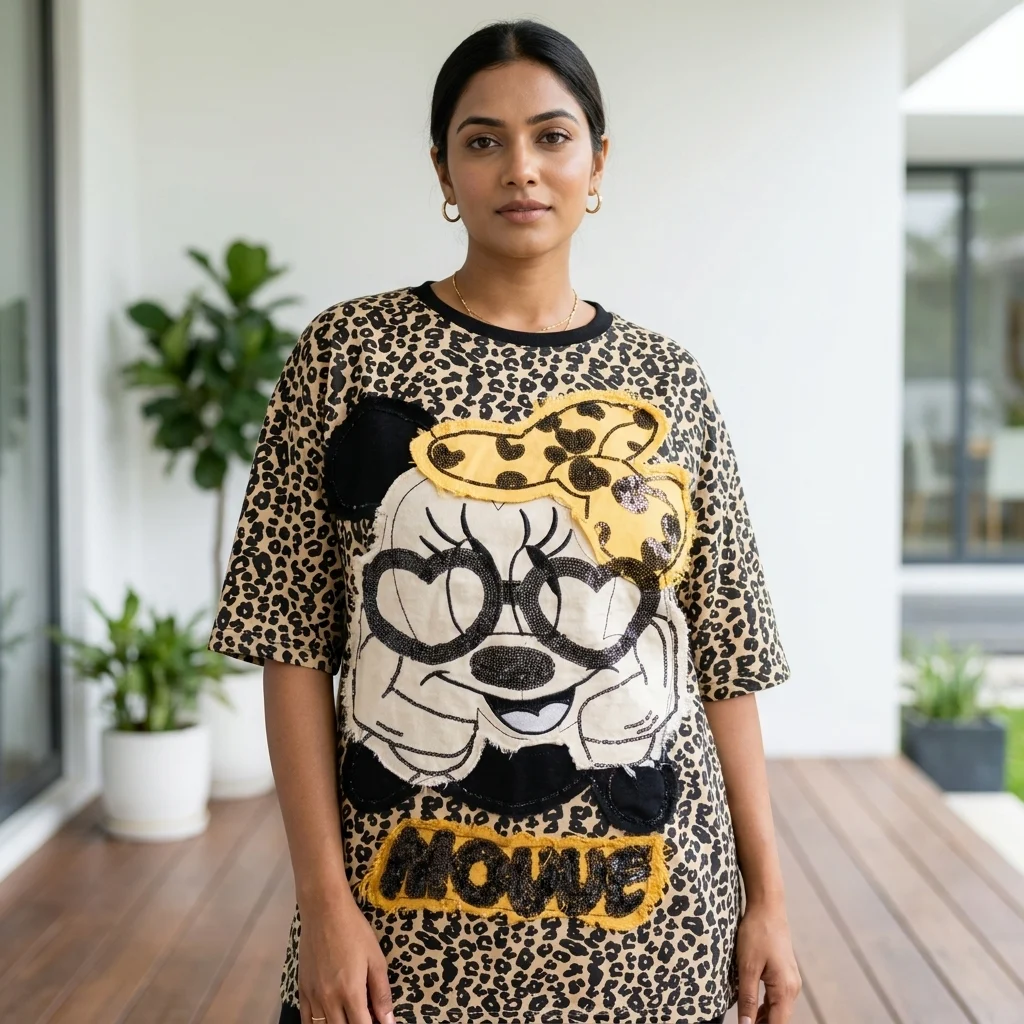 Woman wearing beige oversized leopard print t shirt with graphic patch (2) Woman wearing beige oversized leopard print t shirt with graphic patch (2)