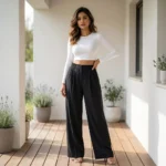 Woman wearing black full length solid wide leg trousers (2)