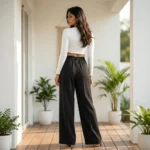 Woman wearing black full length solid wide leg trousers (3)