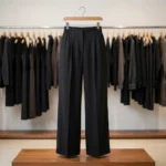 Woman wearing black full length solid wide leg trousers (4)