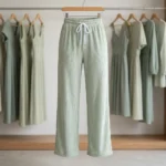 Woman wearing mint green pleated wide leg pants with slight sparkle (4)