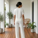 Woman wearing white ribbed matching set with rhinestones (1)