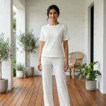 Woman wearing white ribbed matching set with rhinestones (2)