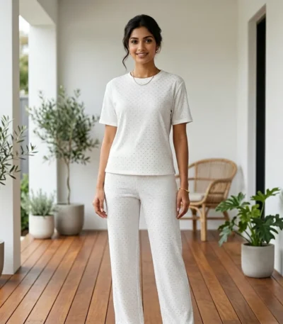 Woman wearing white ribbed matching set with rhinestones (2)