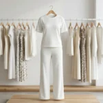 Woman wearing white ribbed matching set with rhinestones (3)