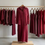 Women wearing a deep maroon two piece maxi dress and matching long sleeve shirt (2)