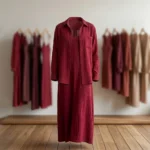 Women wearing a deep maroon two piece maxi dress and matching long sleeve shirt (3)