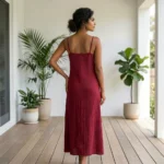 Women wearing a deep maroon two piece maxi dress and matching long sleeve shirt (4)