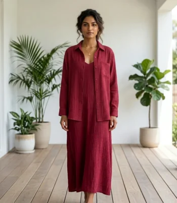 Women wearing a deep maroon two piece maxi dress and matching long sleeve shirt (7)