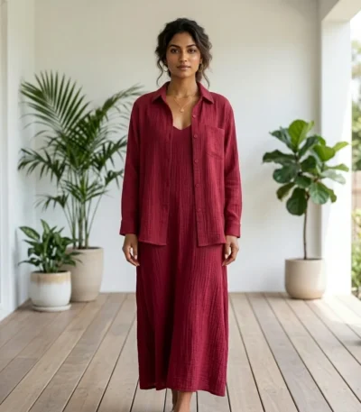 Women wearing a deep maroon two piece maxi dress and matching long sleeve shirt (7)