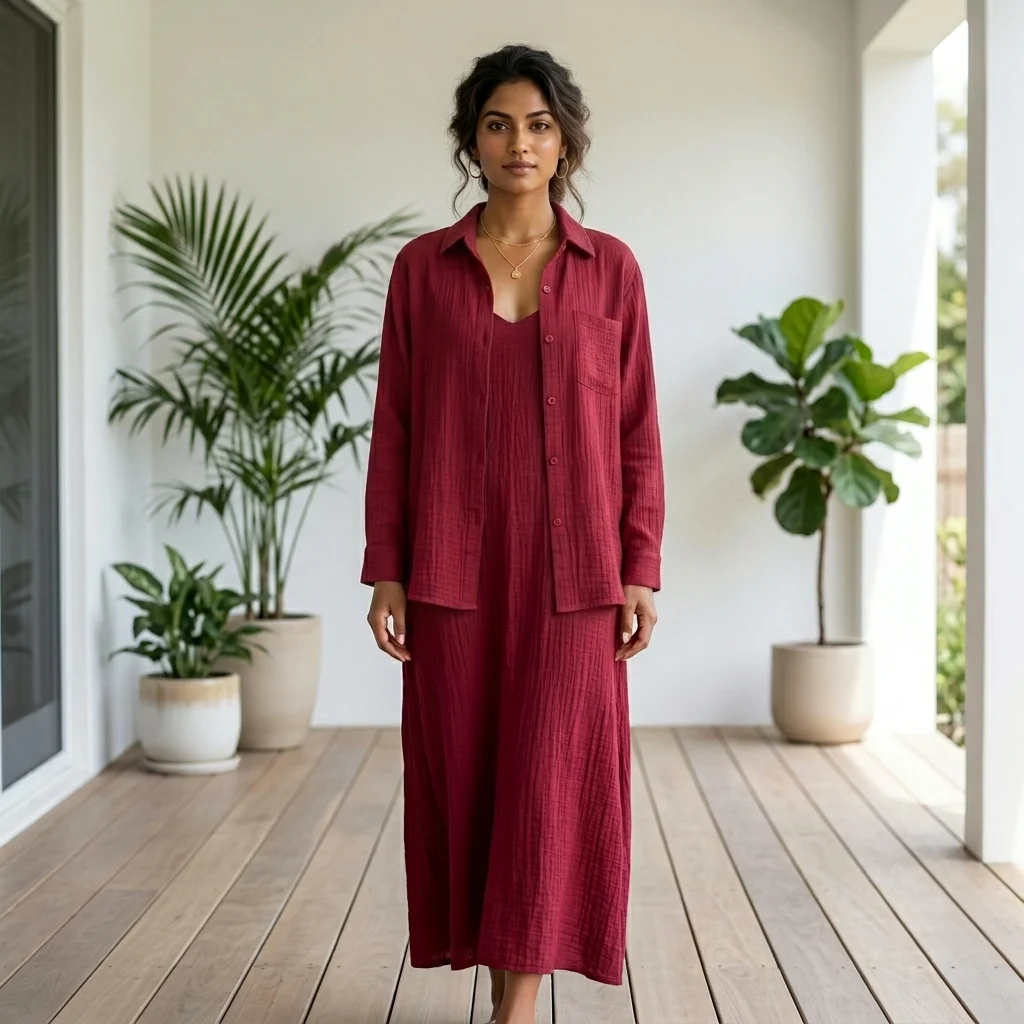 Women wearing a deep maroon two piece maxi dress and matching long sleeve shirt (7) Women wearing a deep maroon two piece maxi dress and matching long sleeve shirt (7)
