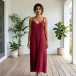 Women wearing a deep maroon two piece maxi dress and matching long sleeve shirt (8)